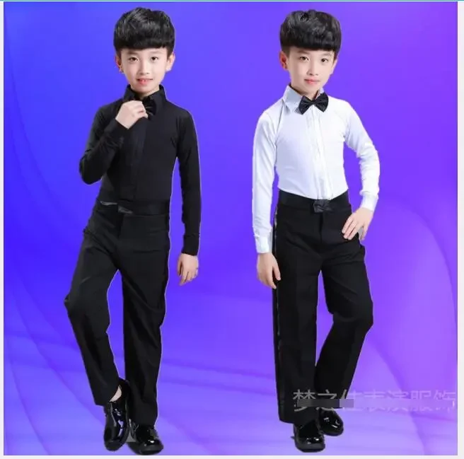 

1set/lot Boys Latin Dance Costume Ballroom Cha Cha Tango Stage Performance costumes Children Black White Bow top and pant