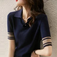 Short Sleeve Polo Shirts Woman Aesthetic Hot Black Women Vintage Sweatshirt Flower Knitted Korean Shirt High Quality Top Cotton - Image 6