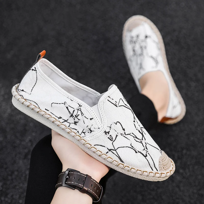 2023 New Classic White Men's Fisherman Loafers Fashion Print Canvas Shoes Man Flats Espadrilles Breathable Male Summer Footwear