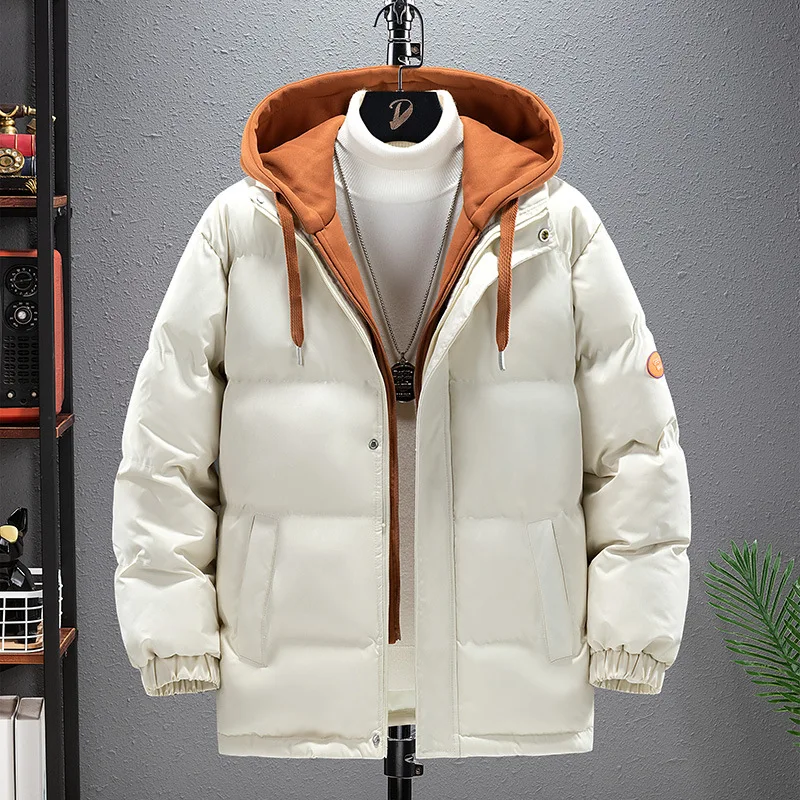 Winter Men's Fake Two Pieces Cotton Jacket Oversized Loose Thickened Down Cotton Jacket Solid Color Versatile Casual Warm Coat