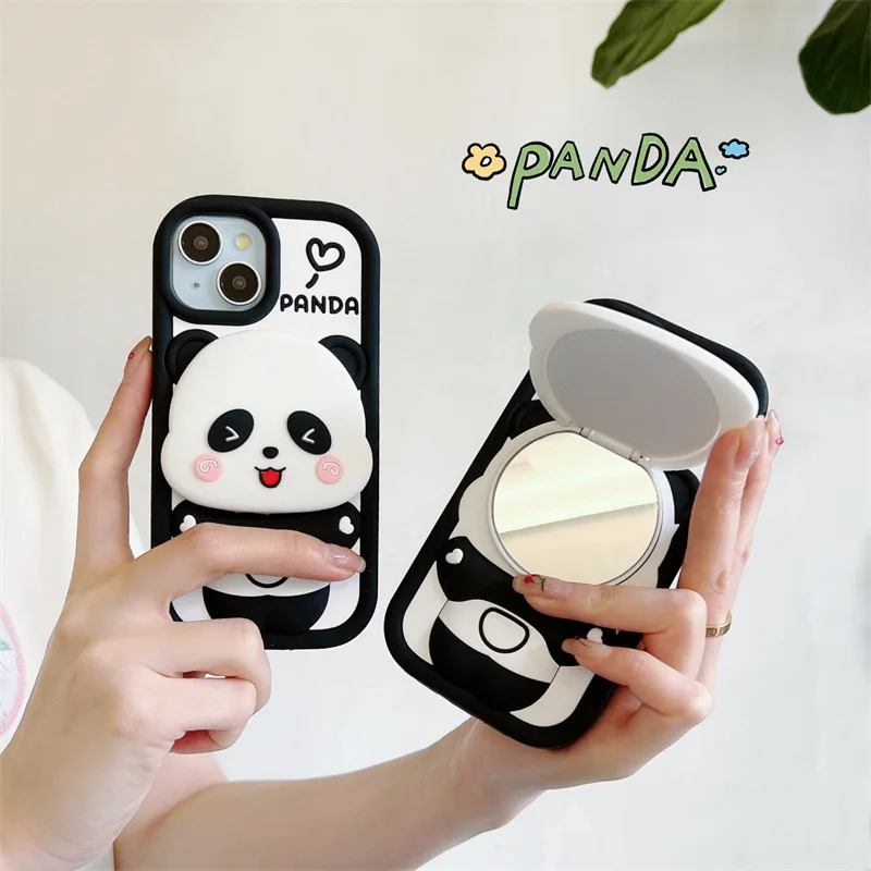 Adorable Panda Flip Mirror Silicone Phone Case - Shockproof Protective Cover