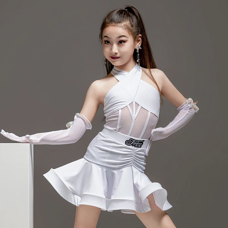 

New Latin Dance Dress For Girls White Performance Suit Cha Cha Rumba Ballroom Dance Competition Dress Practice Wear DNV18920