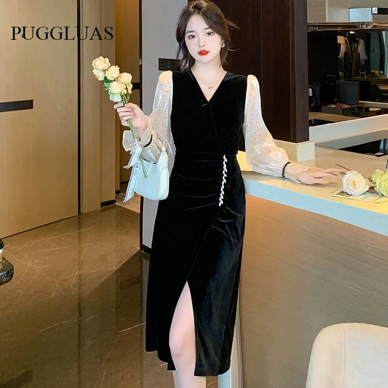 

Vintage Velvet Long Sleeve Party Dresses Women's Autumn Temperament Elegant Split Midi Dress Korean Fashion V Neck Black Outfits