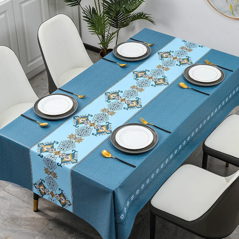 

Household Waterproof Pvc Tablecloth Blue Square Table Cloth For Kitchen Dining Tables Bohemian Ethnic Printed Coffee Table Cover