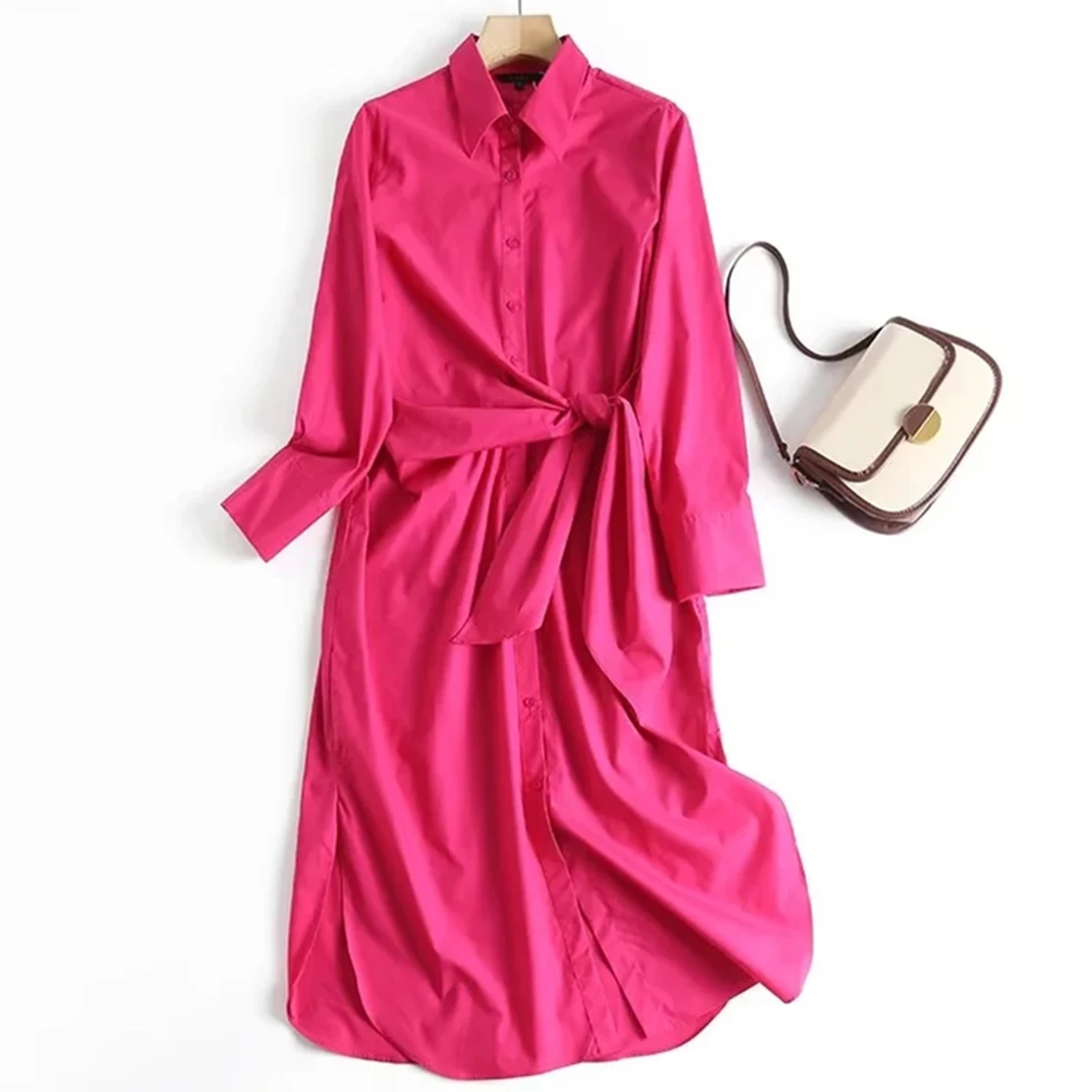 

Dave&Di Simple Rose Red Color Sahes Casual Long Shirt Dress Women Pure Cotton Fashion Dress