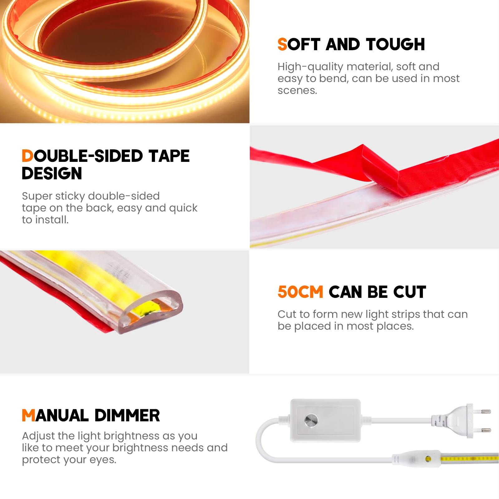 접착 테이프가 있는 조도 조절 COB LED 스트립 조명, 유연한 LED 테이프, 방수 LED 리본 EU 스위치, 220V, 288LEDs/m