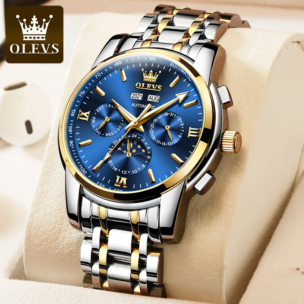OLEVS Men's Watches Luxury Luminous Business Automatic Moonphase Date  Waterproof Sport Stainless Steel Men's Mechanical Watch
