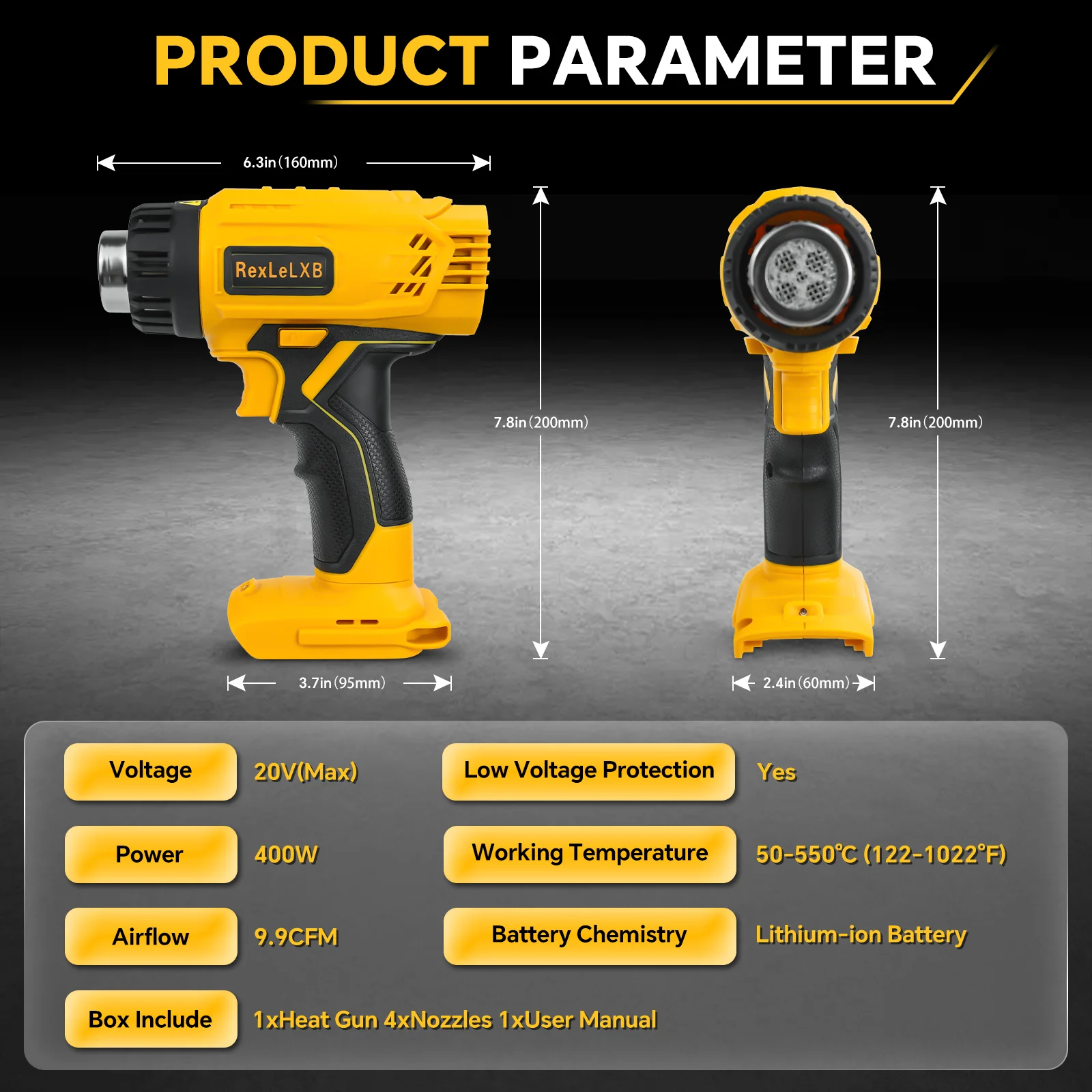 Cordless Heat Gun for Dewalt 20v Battery 122℉ to 1022℉ Fast Heating Hot Air Gun