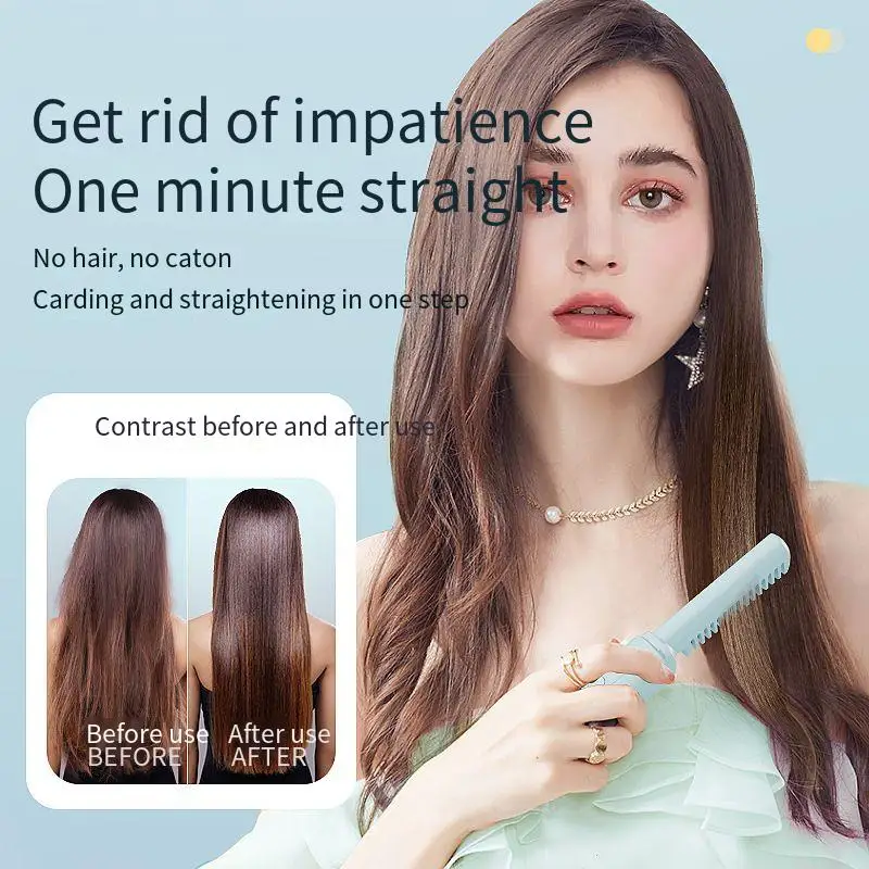Rechargeable Hair Straightening Comb Home Portable Negative Ion Ceramic Coating Hair Straighteners Brush With Fast For Curly