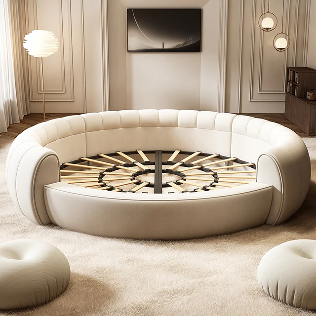 Unique Trendy Bed Safe Sleeping White Cream Cheap Design Comfortable Round Modern Bed Queen Muebles Lounge Suite Furniture 1