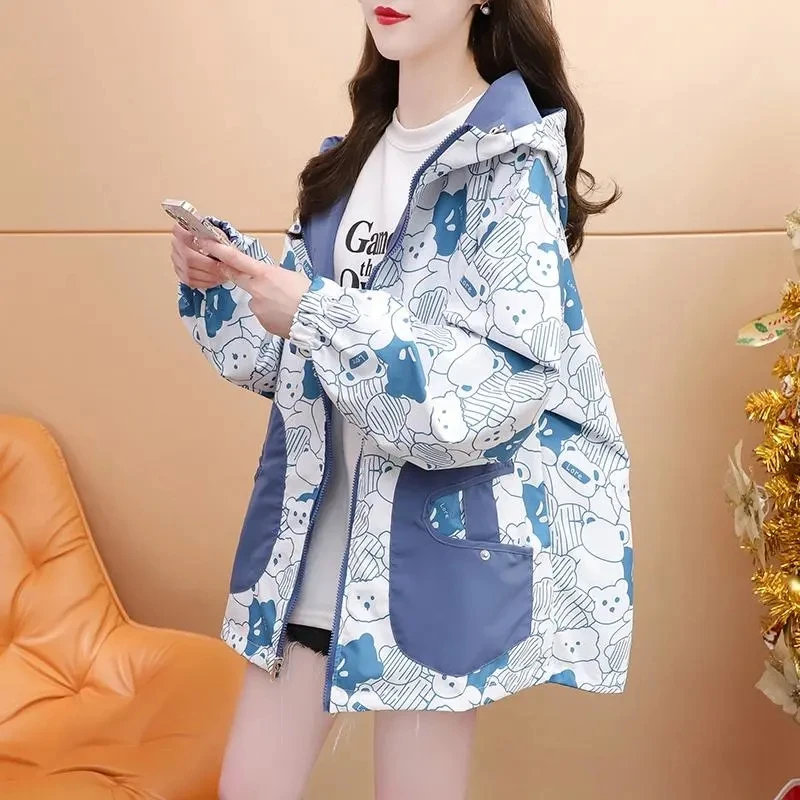 

Double-Sided Trench Coat Women's 2024 New Design Sense Hooded Jacket Spring Autumn Cartoon Print Age Reducing Outerwear Top