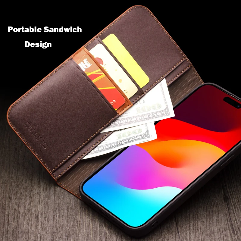 

Qialino Luxury Slim Handmade Case For Iphone 15 14/13 Pro Max Genuine Leather Wallet Card Slot Flip Cover For Iphone 13/14 Plus