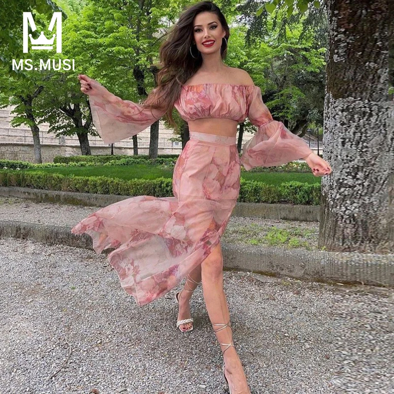 

MSMUSI 2023 New Fashion Women Sexy Floral Printing Two Piece Set Bodycon Party Off The Shoulder Top Slit Long Skirt Set Suit