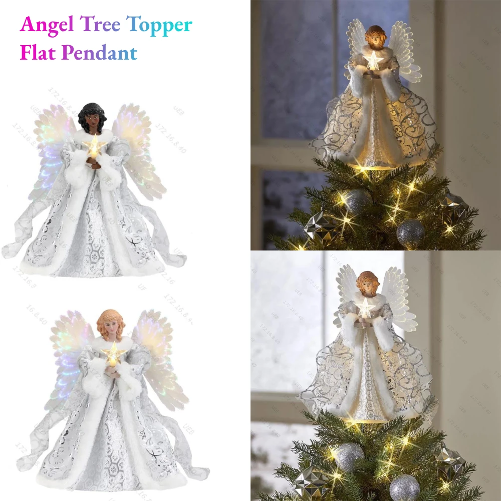 Christmas tree decoration Angel Tree Topper Flat Pendant Xmas Tree Topper Decorative with Lights Reusable Festival Theme for Indoor Office Decoration