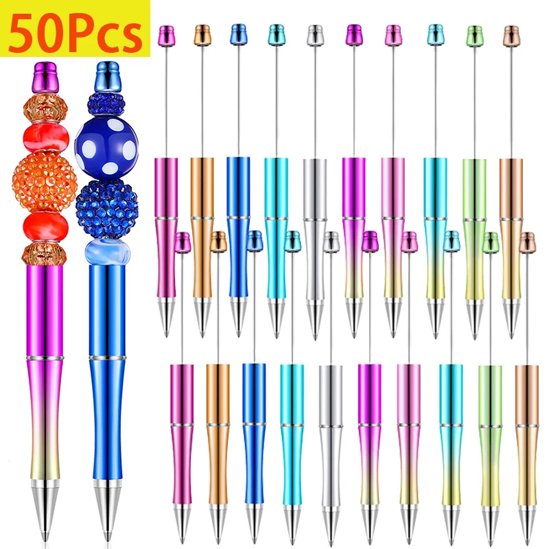 50Pcs Plastic Beadable Pen Bead Black Ink Ballpoint DIY Making Kit Pens for Women Kids Students Office School 10 Colors
