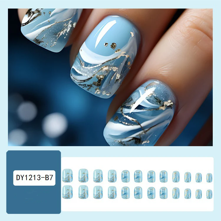 Description Picture 4 of item24pcs/set short Square fake nails Fashion geometric Blue Ocean Wave aurora glitter flowers cat eyes press on false nail art kit