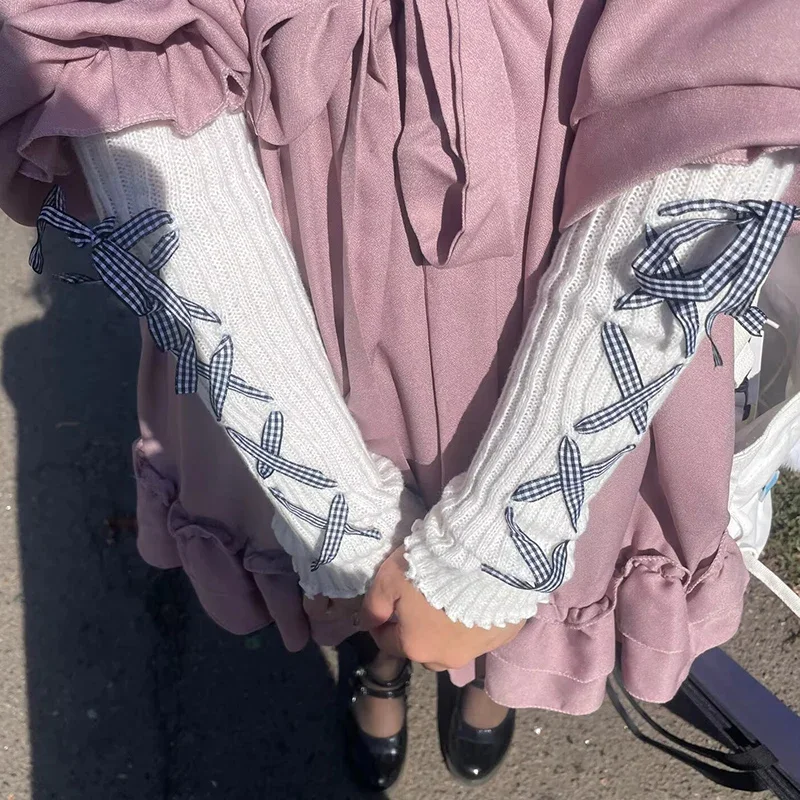 JK Girls Gloves Japanese Kawaii Lolita Fingerless Glove Elbow String Ribbon Ties Up Party Fingerless Gloves Harajuku Leg Warmers