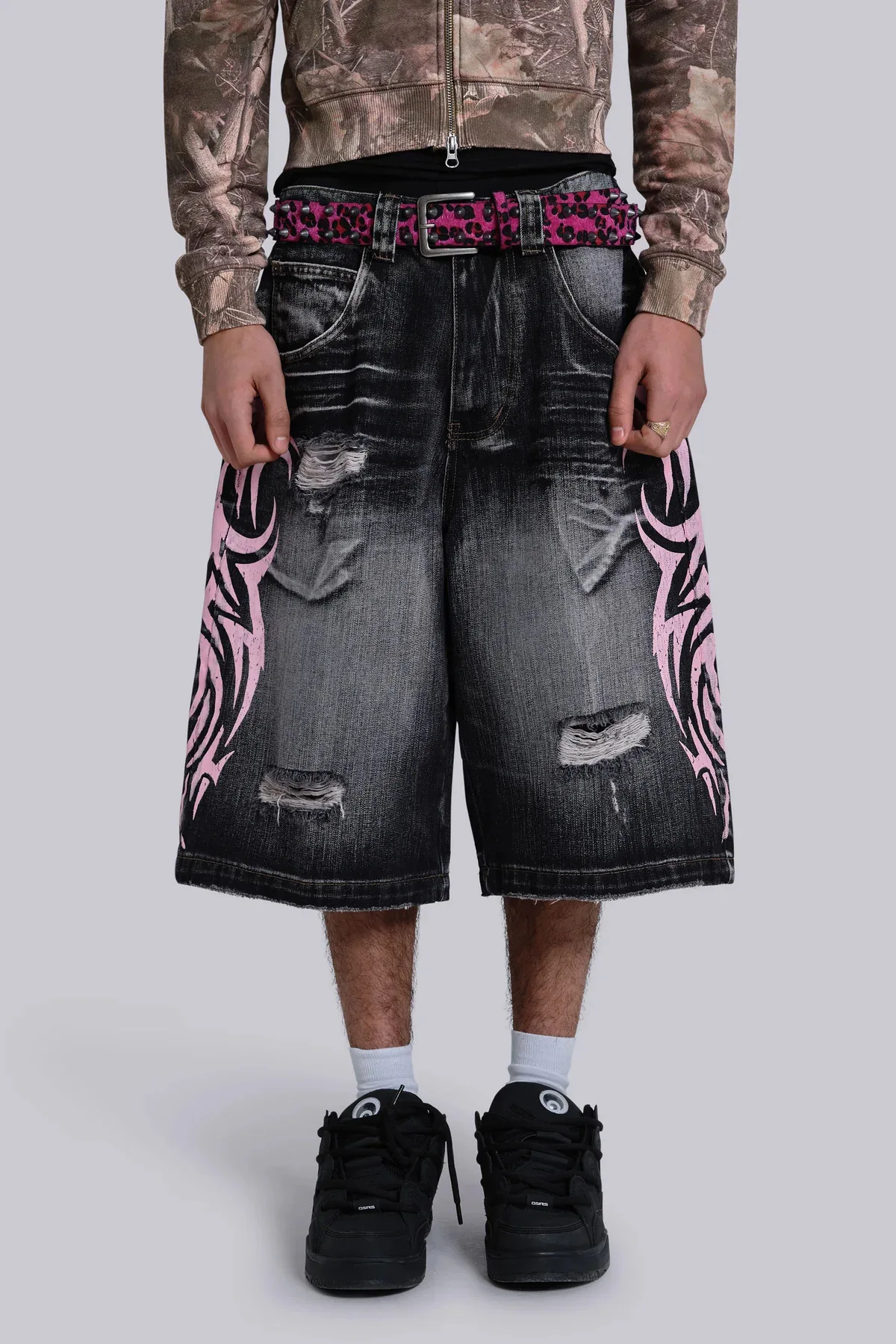 2025 New Gothic Flame Print Used in Old Washing and Worn Five-point Jeans Men's Fashion Street Fashion Harajuku Y2K Baggy Jeans