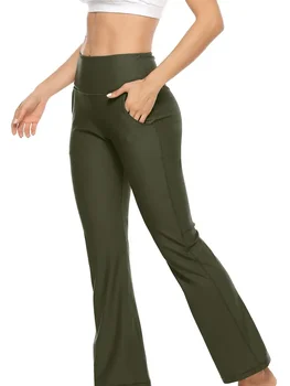 Solid Flare Yoga Pants, High-Waisted Sweat Absorption Bootcut Workout Pants With Pockets, Womens Activewear Yoga clothes Align 1