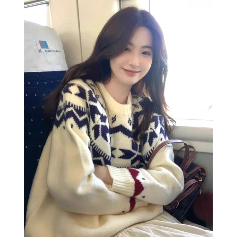 Autumn Casual Soft Loose Long Sleeved Knitted Top Winter Korean Printed O-neck Pullover Sweater Classic Retro Women's Sweater