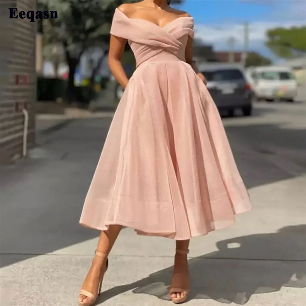 Eeqasn Baby Pink A Line Organza Midi Prom Gowns Pleats Tea-length Homecoming Dresses Princess Formal Prom Party Dresses 2022 silver prom dresses