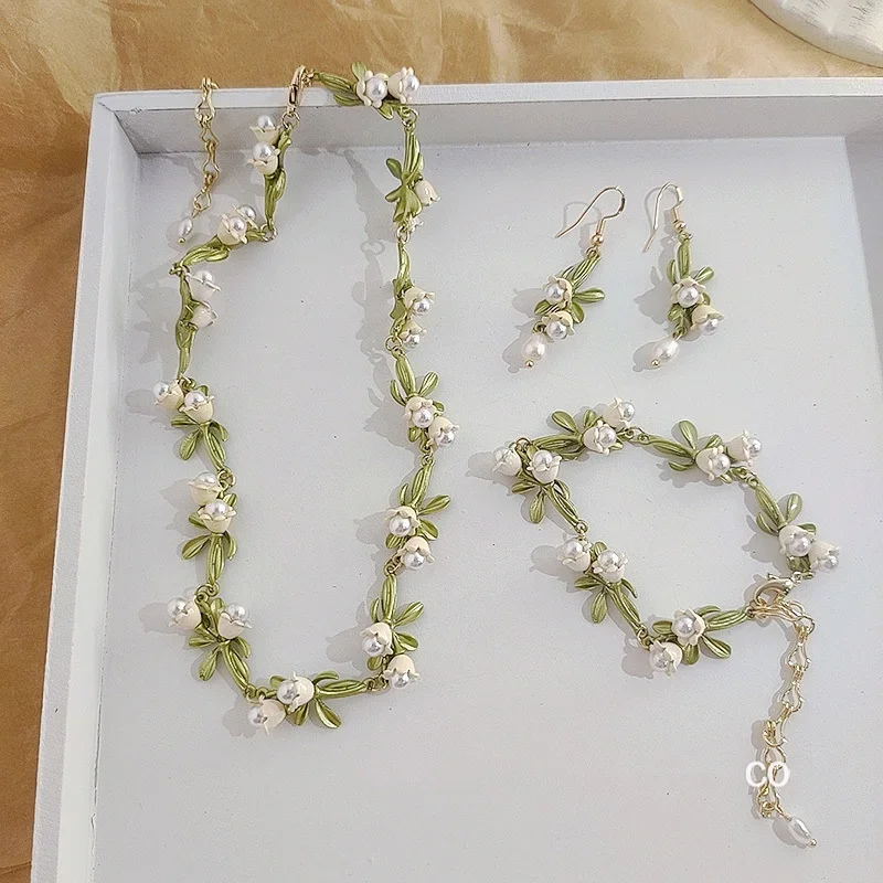 New Lily of The Valley Pearl Necklace Earrings for Women Fashion Elegant White Flowers Drop Bracelet Wedding Party Jewelry Set