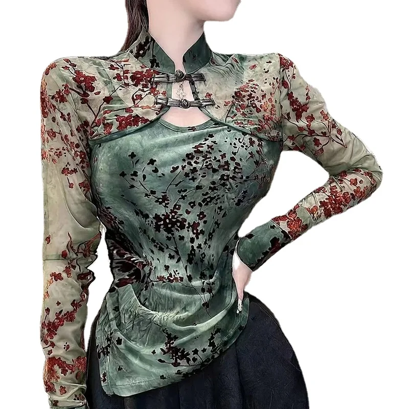 

Elegant Slim Printed Mesh T Shirts Women National Cheongsam Tops Autumn Thin Mesh T-shirt Top
