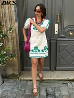 فستان نسائي قصير بأكمام منفوخة كلاسيكي ، تطريز ، ياقة دائرية ، أكمام قصيرة ، حافة مموجة ، فساتين نسائية ، سيدة ، صيف ، جديد ، 1