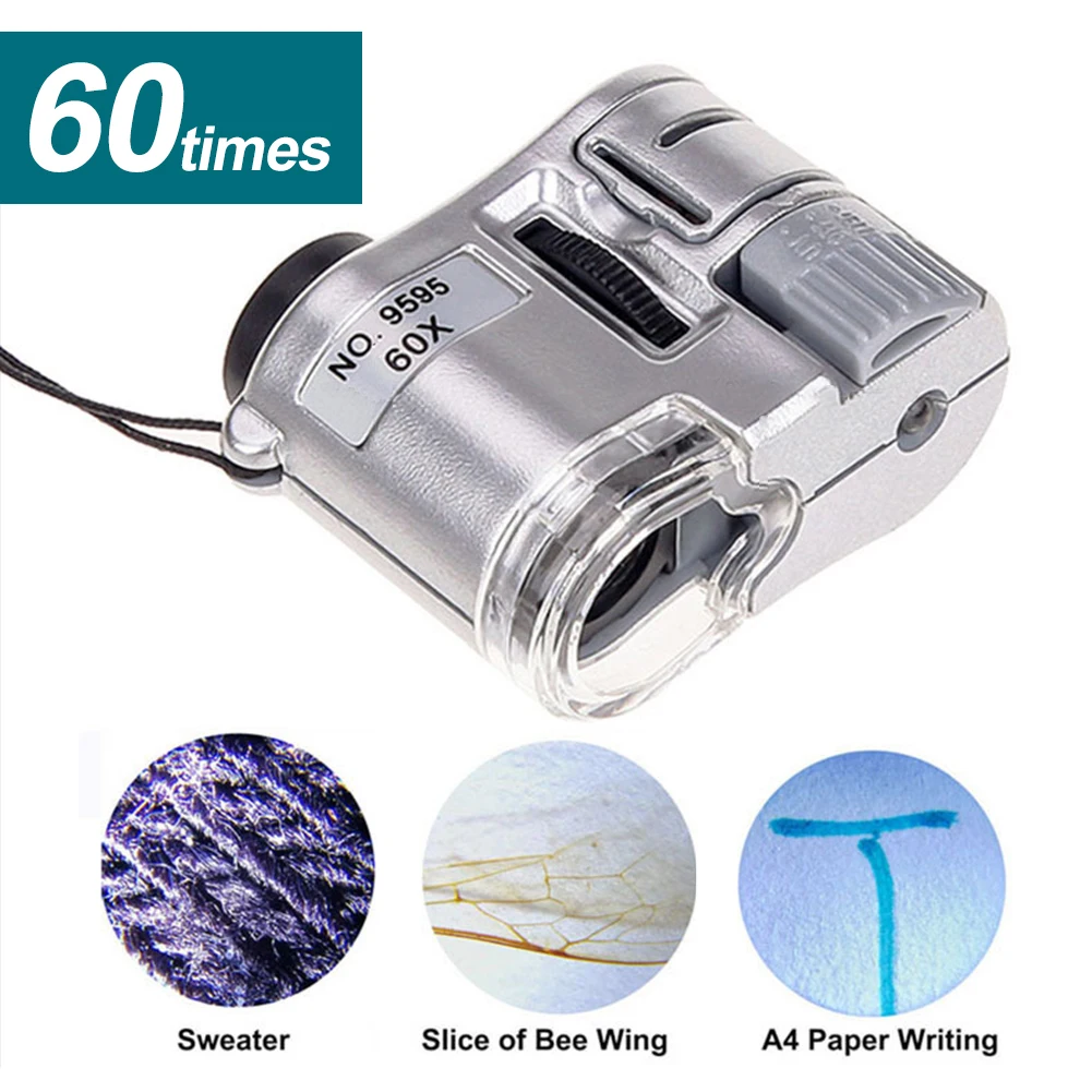 Portable 60X Handheld Magnifying Glass Mini Pocket Microscope Loupe Currency Detector Jeweler Magnifier With LED Light 2