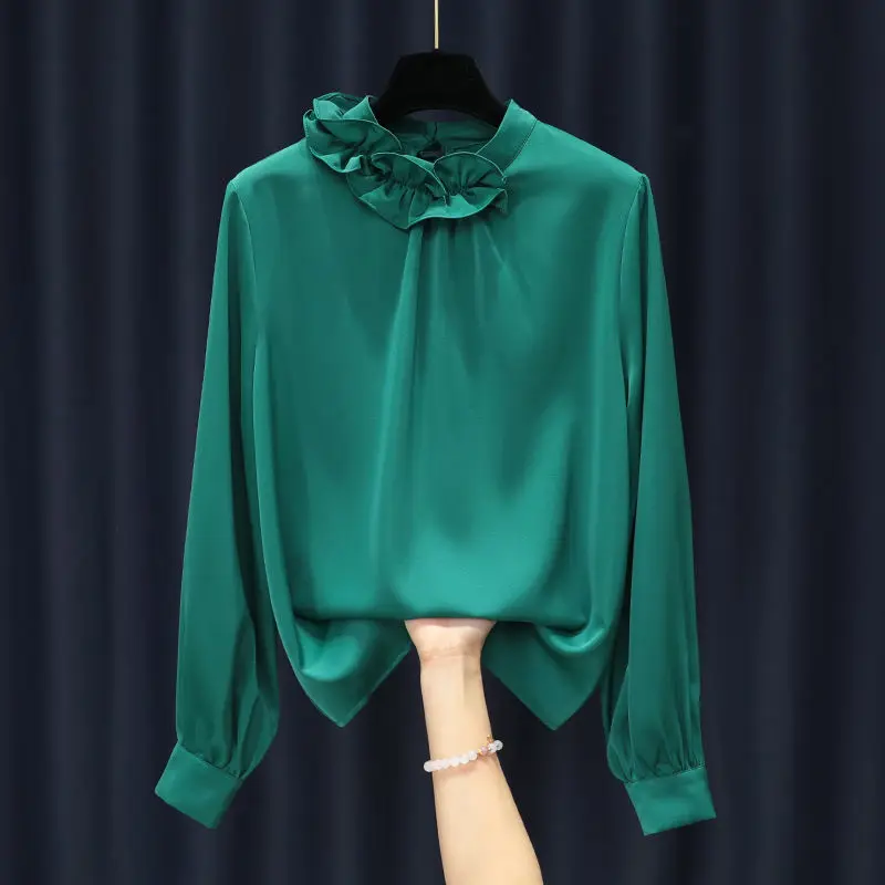 Design straight-leg stand-up collar long-sleeved pullover  sexy blouse  womans tops  polyester  Regular  Solid  Casual  O-Neck