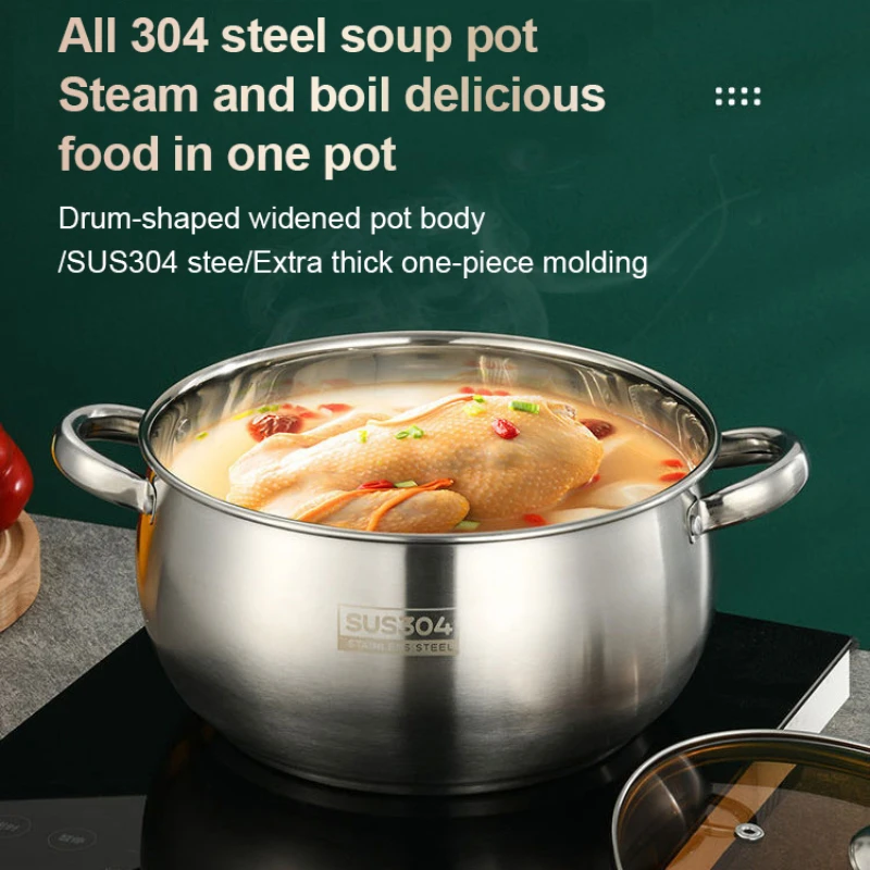 304 Stainless Steel Thickened Apple Pot 24cm Thickened with Double Handles Household Soup Pot Milk