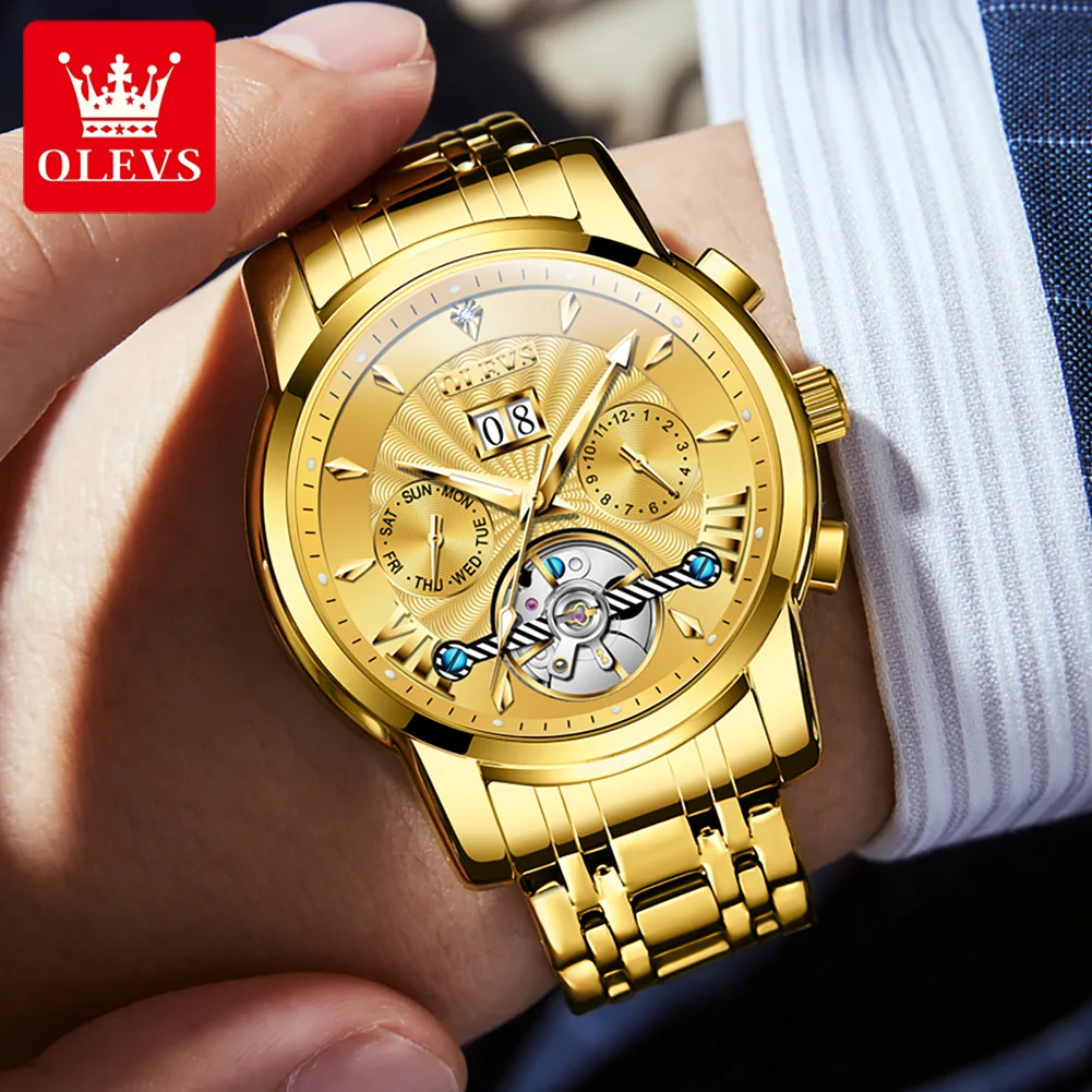 OLEVS 9965 Men's Watch Hollow Skeleton Luxury Automatic Wrist Watch Stainless Steel Strap Waterproof Mechanical Watch For Men