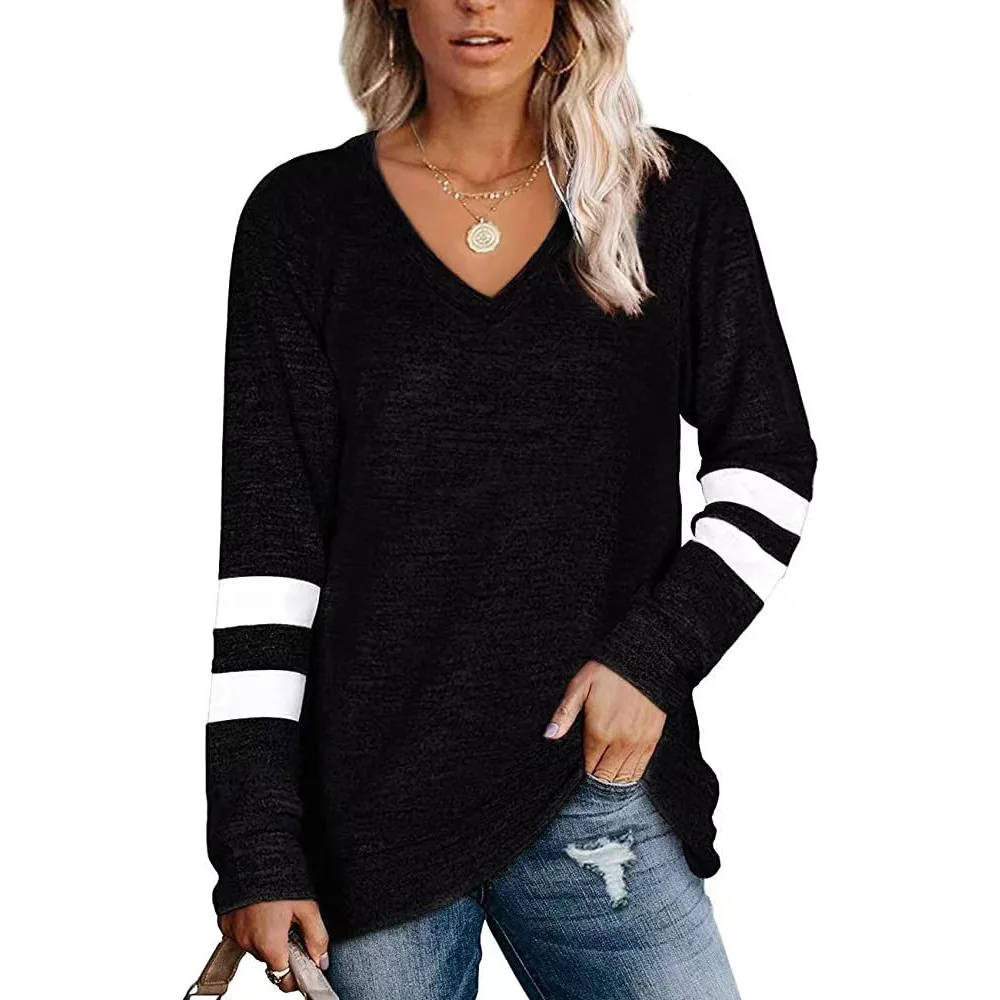 

T-shirt for Women Fall and Winter Fashion New Long-sleeved Color Collision Splicing V-neck Loose Casual Blouse