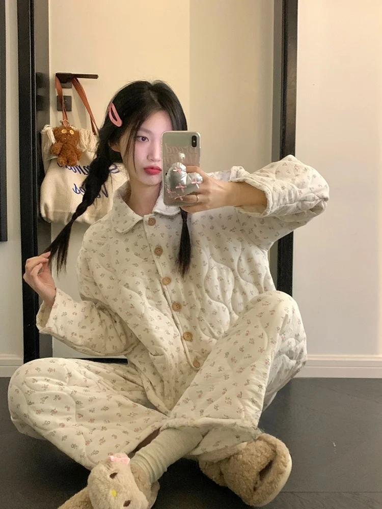 Thiened Cotton Spwear Set for Women Winter Sweet Floral Print Long Sve Long Pants Home Clothes Warmth Guaranteed