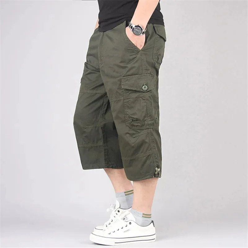 

Summer Casual Cotton Shorts Men Multi-Pocket Capri Cropped Trousers Overalls Hot Breeches Military Army Long Length Cargo