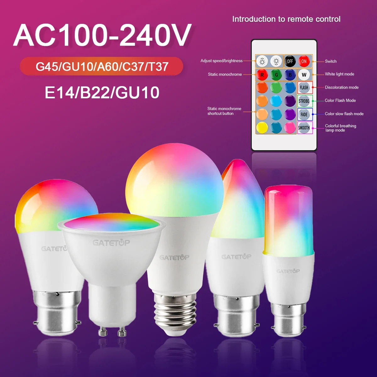 스마트 색상 변경 RGBW LED 전구, 적외선 리모컨, 스포트라이트 GU10, A60, C37, G45, 6W, 10W, 홈 파티 분위기