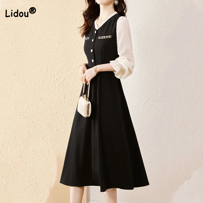 

Elegant Commute Ladies Spliced Long Sleeve Dresses Spring New Fashion Korean Fake Two Pieces High Waist Dress Women's Clothing