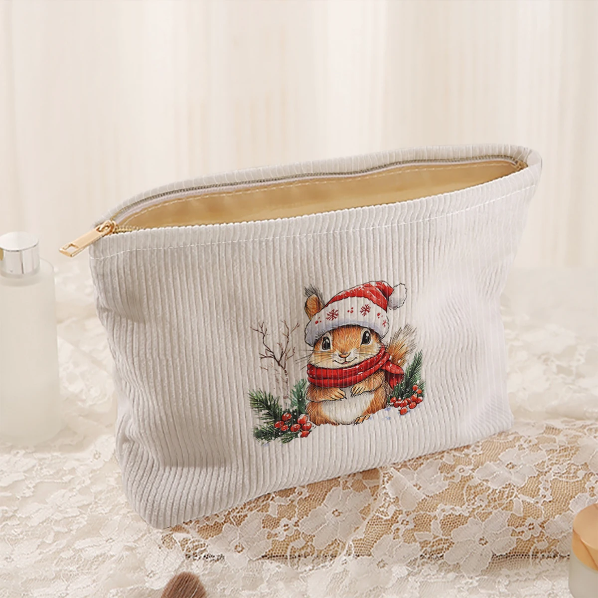 1 Christmas themed corduroy makeup bag, lightweight zipper makeup storage box, multifunctional bag with lining