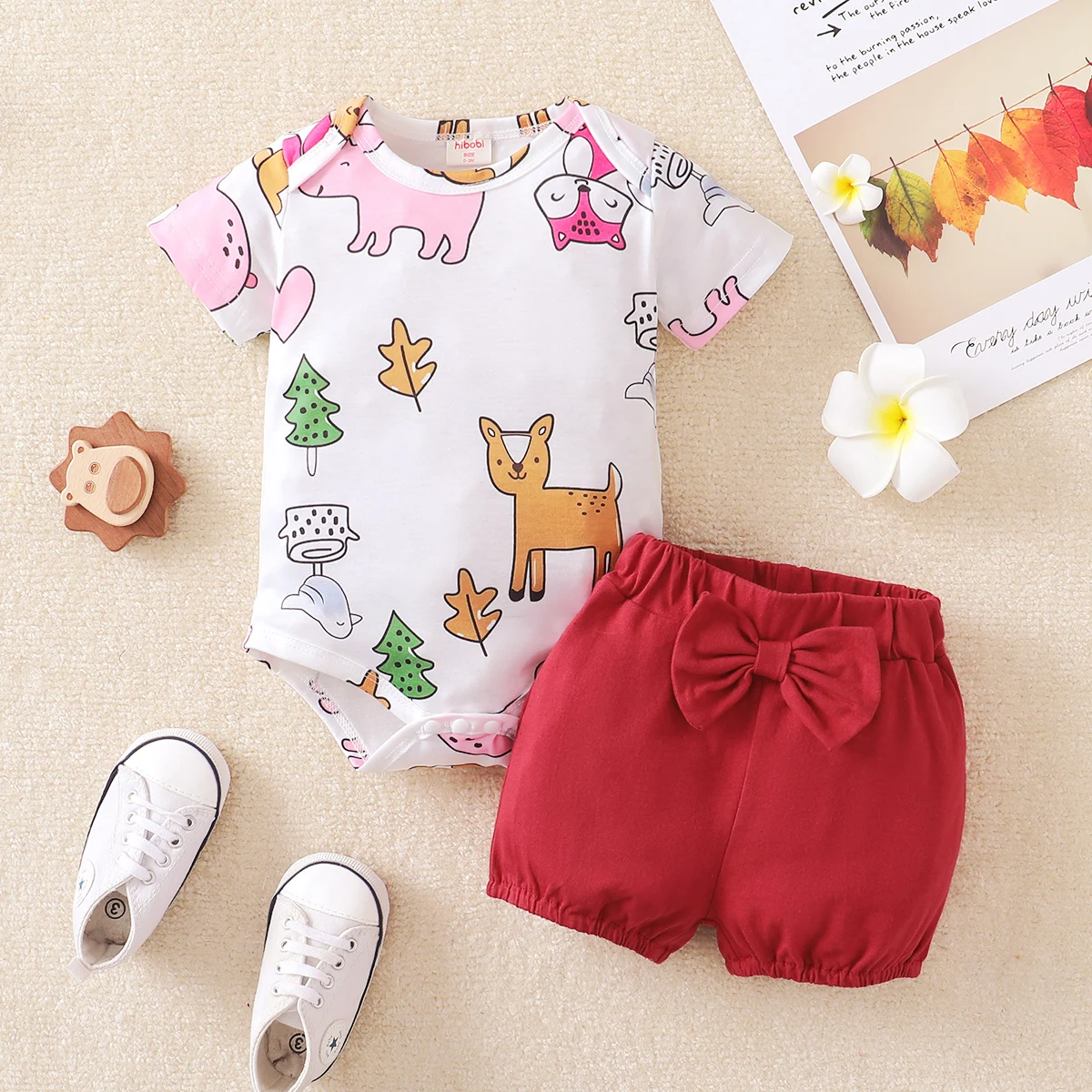 hibobi Baby Girl Animal Print Short Sleeve Romper Bow Pant Two-pieces newborn baby clothing set