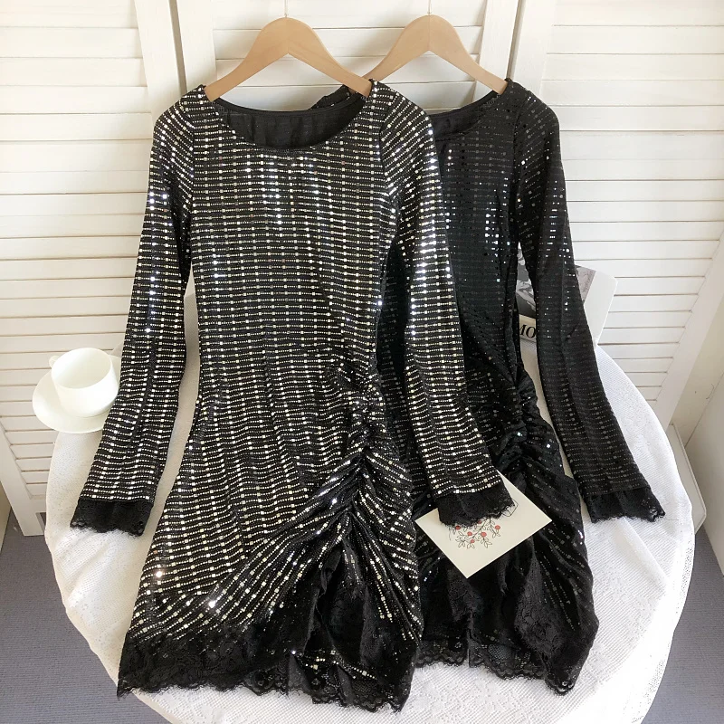 

European style sexy round neck glitter sequin long sleeve lace stitching slim-fit show bag buttock dress short skirt