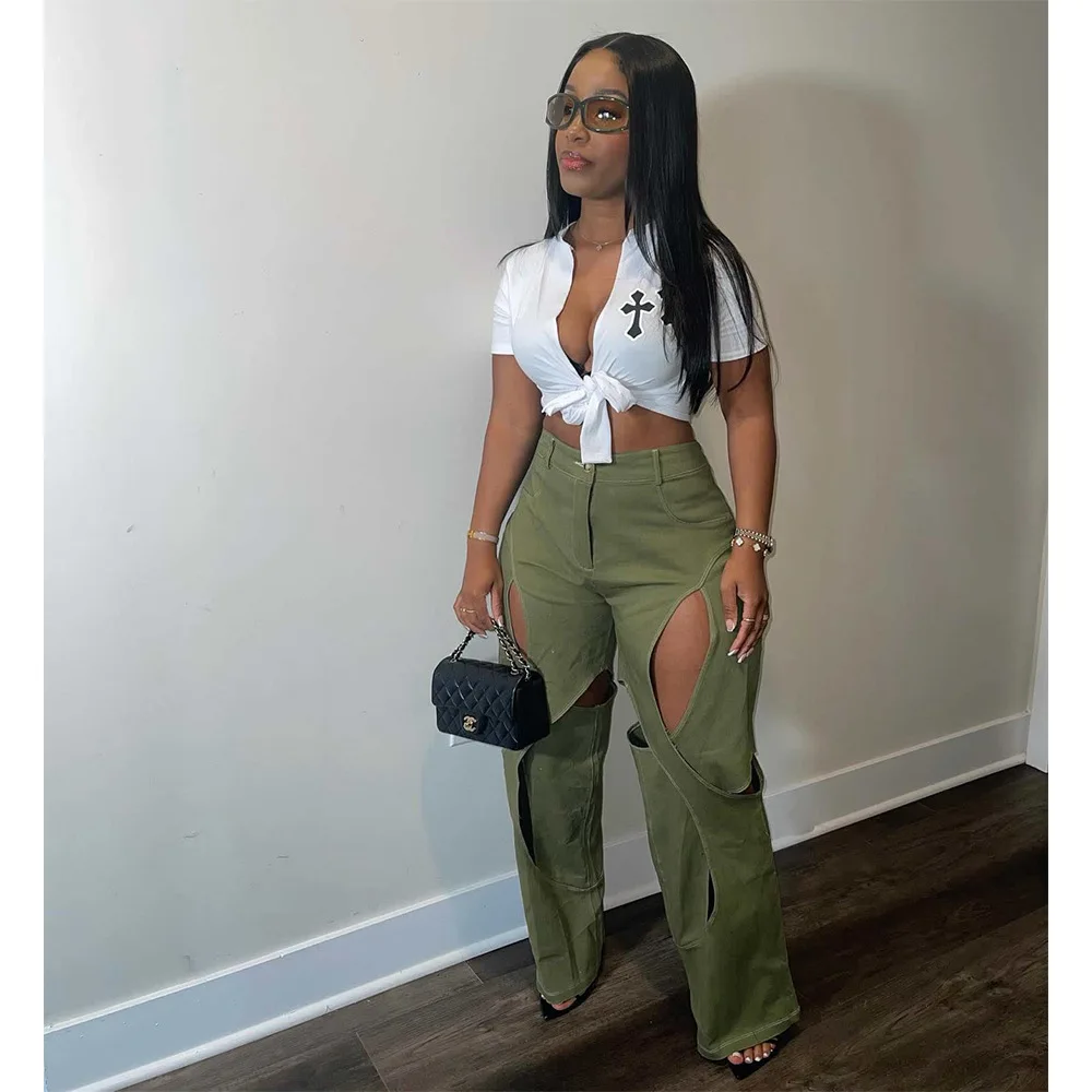 

Cotton Fried Dough Twists Hollow Out Casual Pants For Women Button Fly High Waist Casual Loose Trousers Y2K Streetwear Bottoms