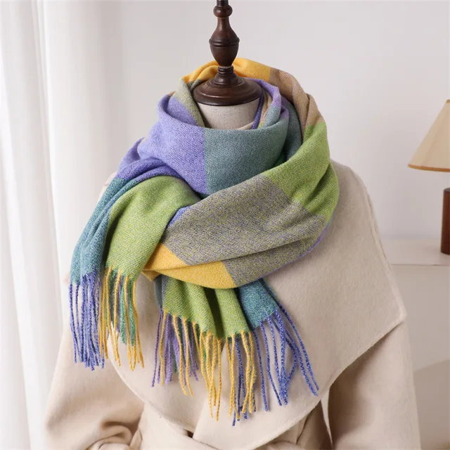 Luxury Fashion Rainbow Color Plaid Designer Winter Scarf Women Cashmere Shawl Outdoor Blanket Wrap Pashmina Tassel Warm Lady