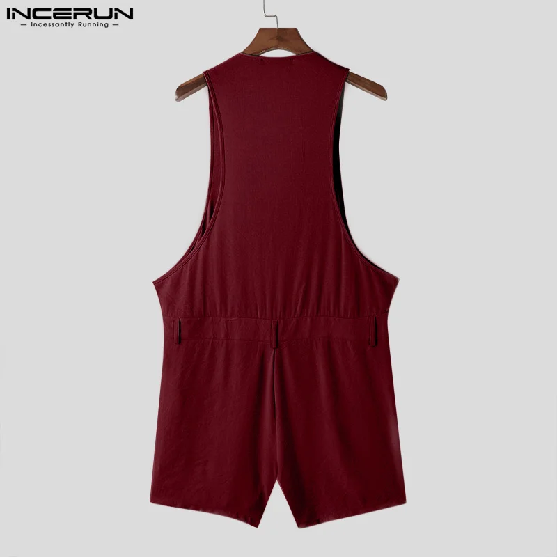 INCERUN Men Rompers Shorts Solid Color V Neck Sleeveless Button Casual Jumpsuits Men Streetwear Summer 2024 Fashion Playsuits 5