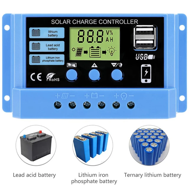 Contrôleur solaire 12V/24V 30A 20A 10A, régulateur solaire, chargeur de batterie PWM, affichage LCD, double sortie USB 5V 1