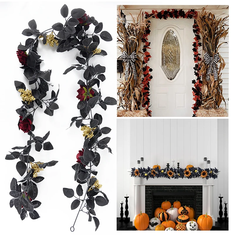 

175cm Halloween Black Maple Leaf Garland Artificial Plant Flower Hanging Vine For Thanksgiving Party Autumn Home Fireplace Decor