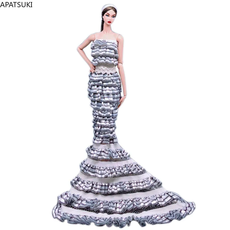 Silver Mermaid Ruffled Dress For Barbie Doll Outfits Clothes Long Tail Party Gown Handmade 1:6 Dolls Accessories Kids Toys