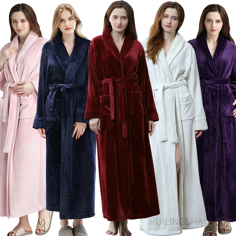 WomenWinterExtraLongWarmCoralFleeceBathrobePlusSizeThick