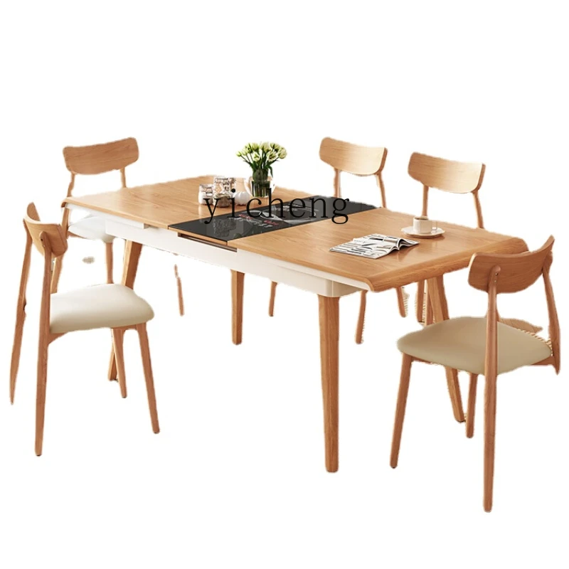 

Zws Modern Solid Wood Small Apartment Log Style Restaurant Retractable Induction Cooker Dining Tables and Chairs Set