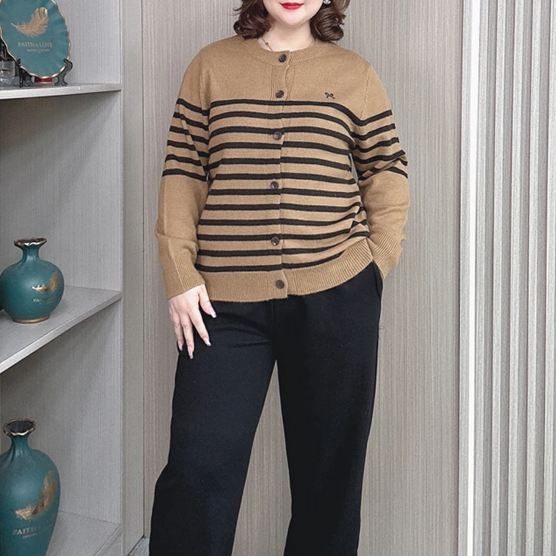 Women's O-Neck Long Sleeve Knitted Cardigan, Female Loose Embroidery Bow Jumpers, Autumn and Winter Wear, Plus Size Sweater, 389