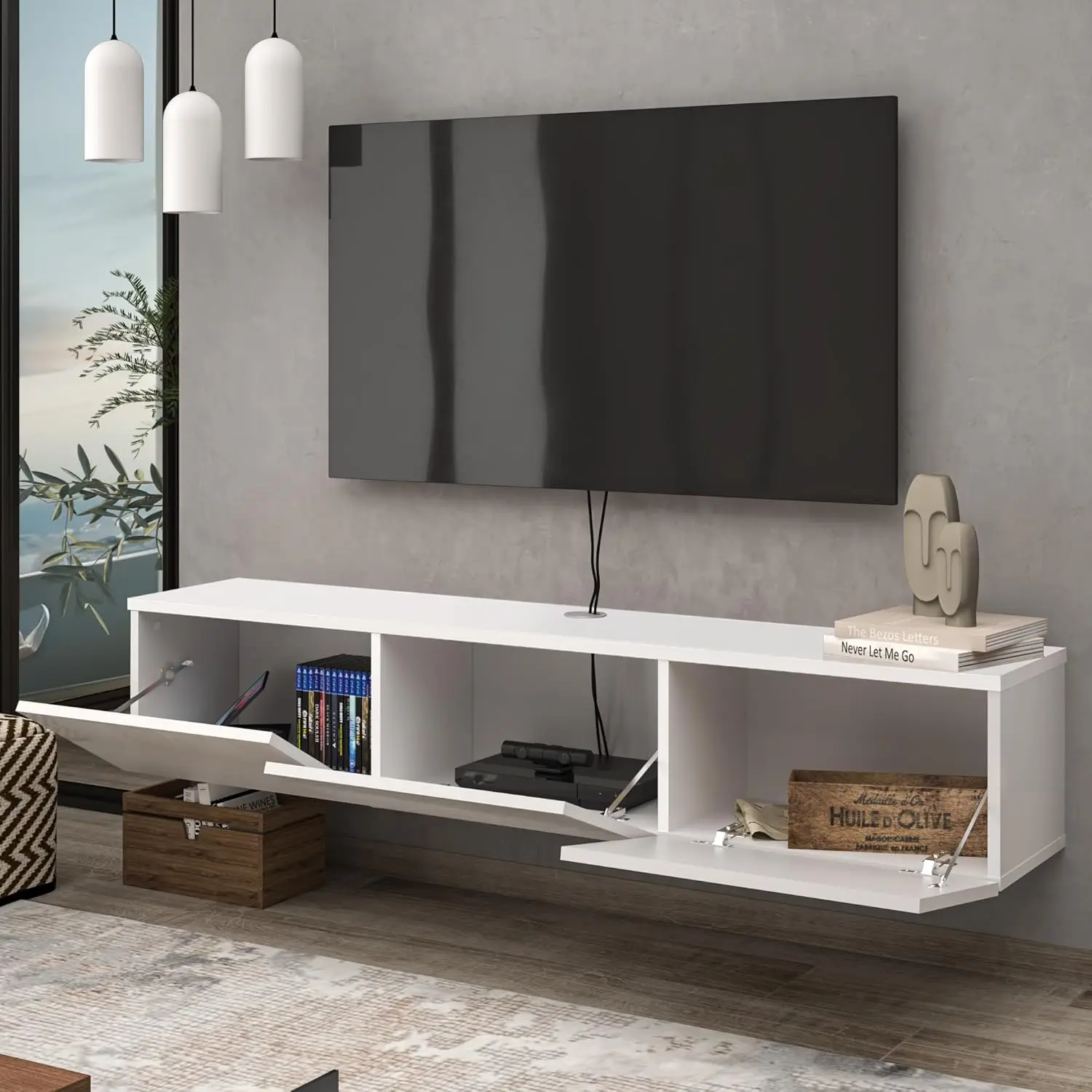 Atelier Mobili White Floating TV Stand, TV Stand up to 75 Inch TV, Floating TV Stand Wall Mounted, Floating Entertainment Center